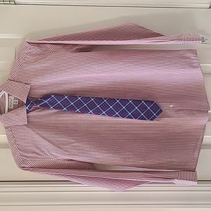 MICHAEL STRAHAN COLLECTION FOR YOUNG MEN RED PLAID BUTTON SHIRT W/ TIE SIZE 16R